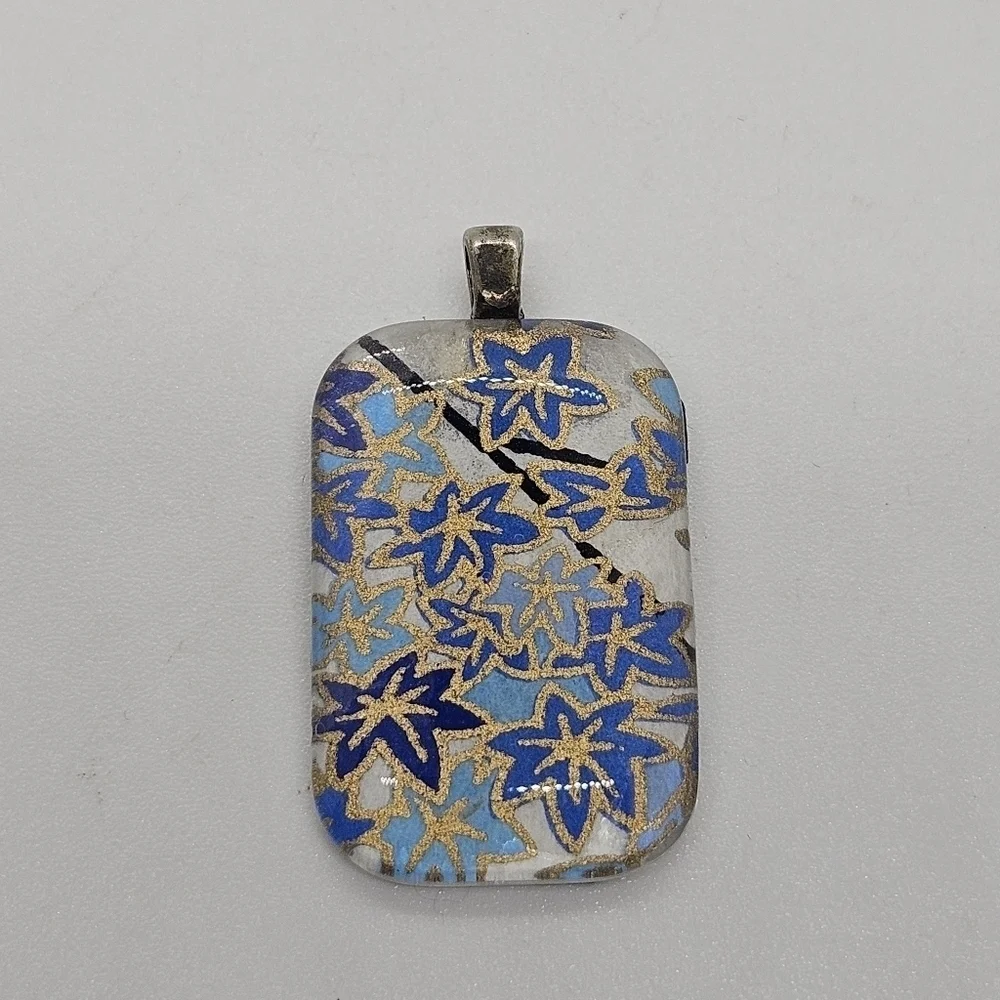 rectangular art glass pendant blue leaves flowers stars